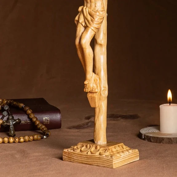 Hand-Carved Crucifix of Jesus Christ – Wooden Catholic Altar Cross