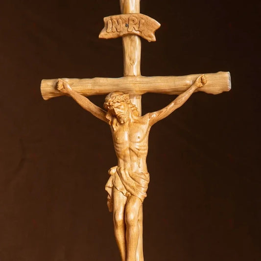 Hand-Carved Crucifix of Jesus Christ – Wooden Catholic Altar Cross