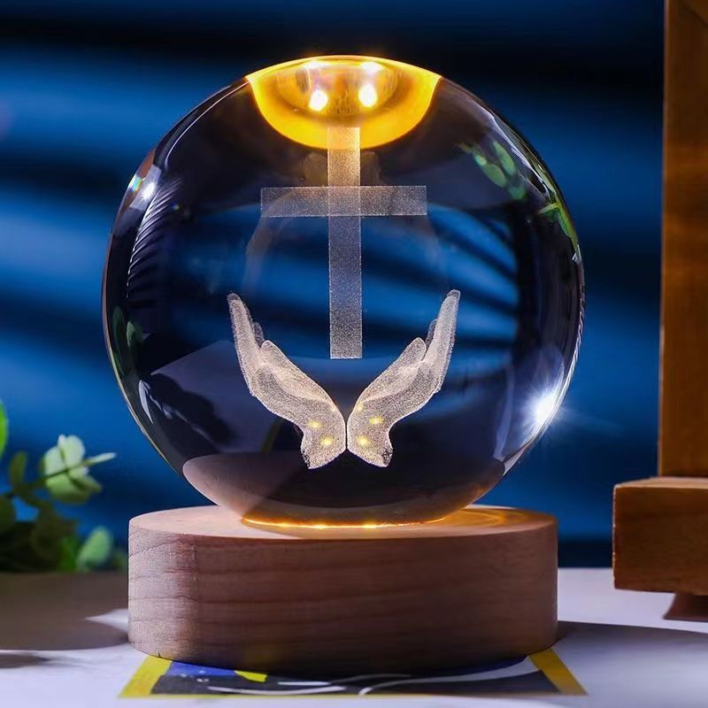 Jesus Cross 3D LED Crystal Ball Night Light | Praying Hands Gifts For Christian