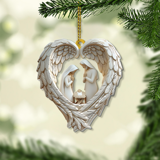 Holy Family Angel Wings Christmas Ornament - A Sacred Moment Captured in Beauty
