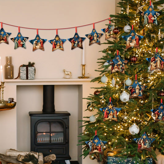 Wooden Jesus Star Christmas Ornaments, Handmade Set