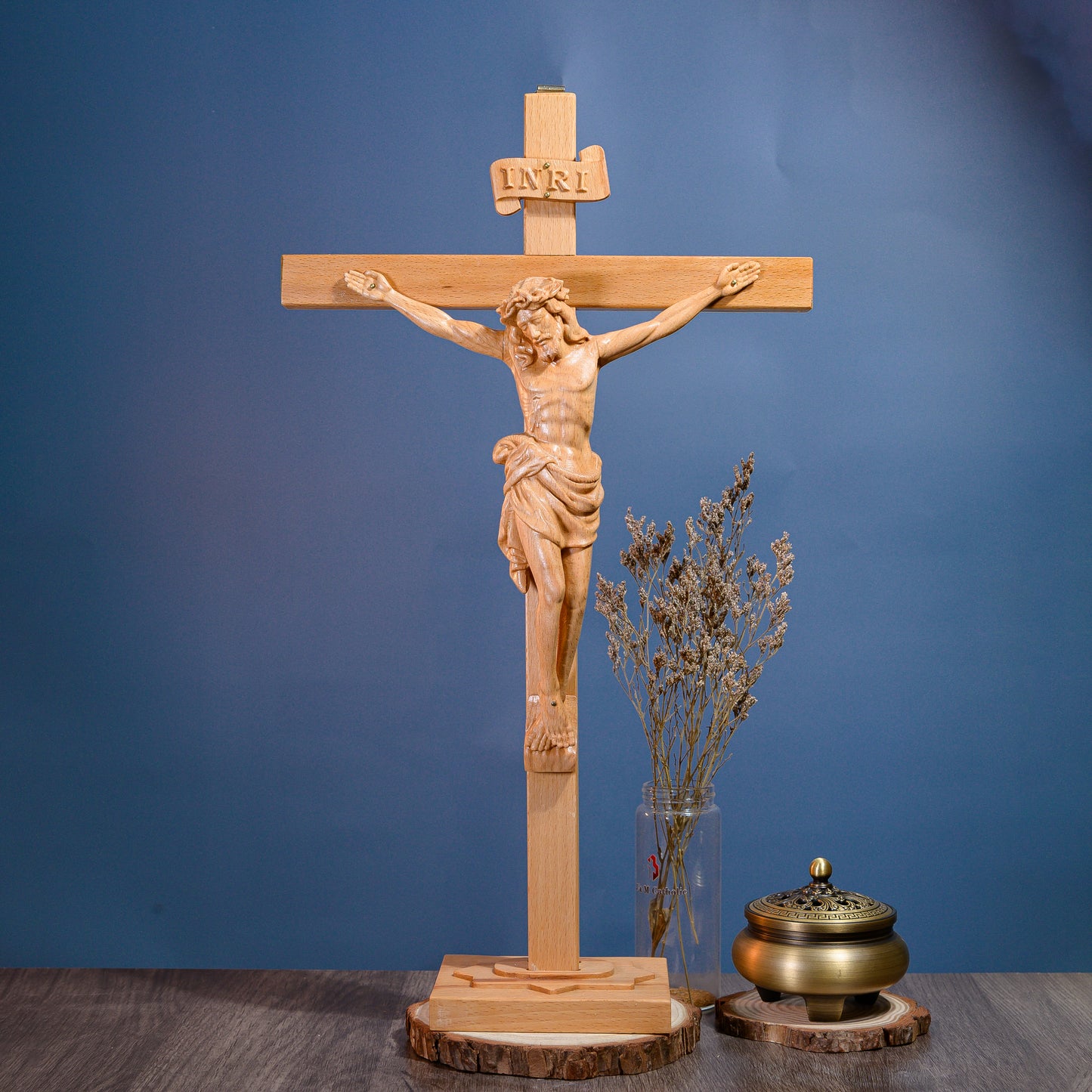 Christ Crucifixion Wood Carving | Wooden Crucifix for Altar & Prayer