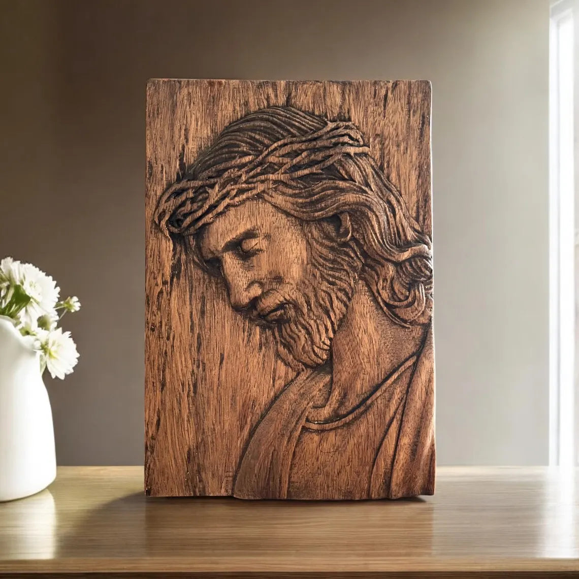 Handcrafted wooden carved wall plaque Jesus wearing the crown of Thorns
