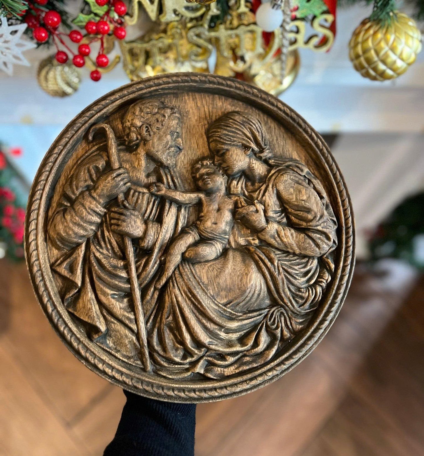 The Holy Family Wood Carving | Wooden icon Christian Gift