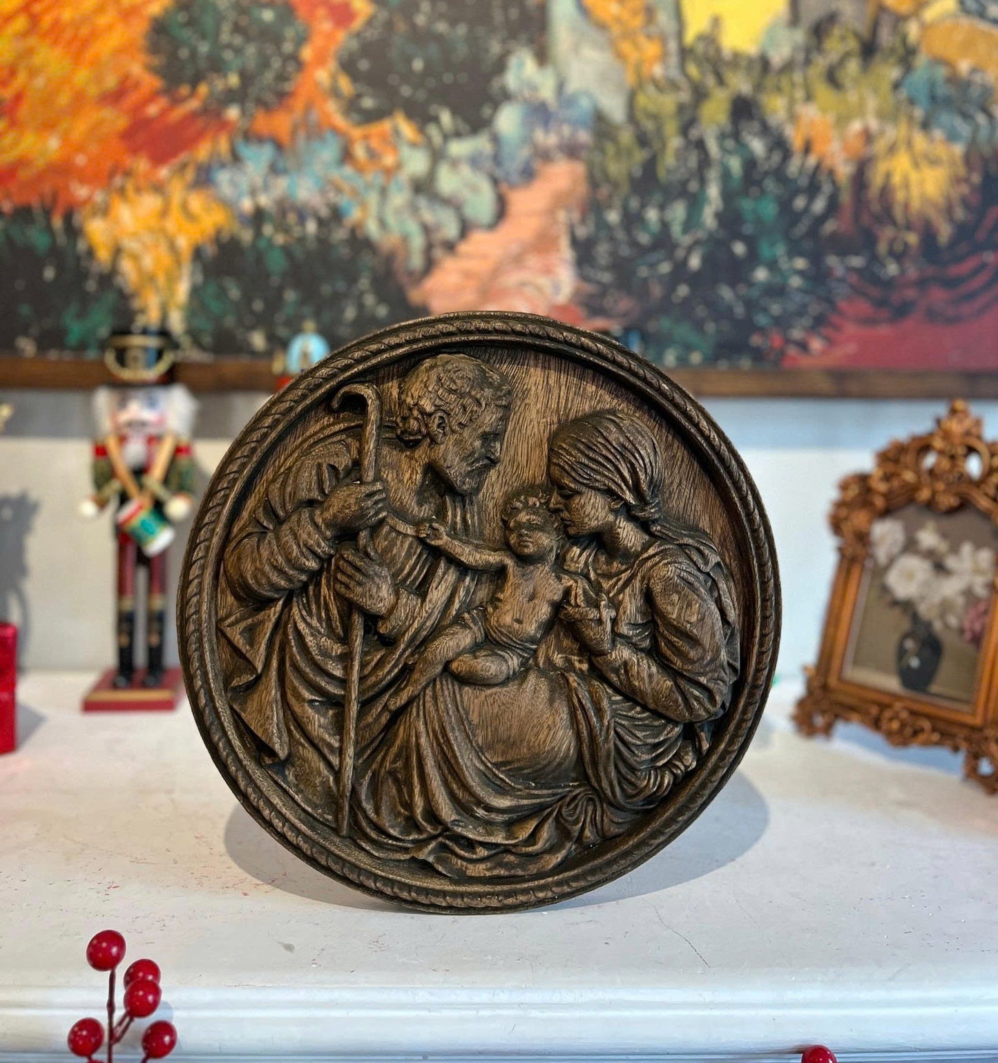 The Holy Family Wood Carving | Wooden icon Christian Gift