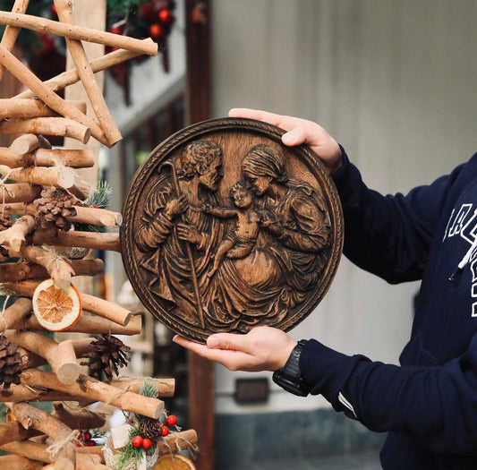 The Holy Family Wood Carving | Wooden icon Christian Gift