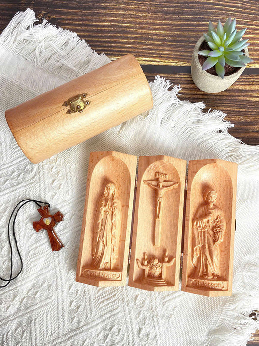 Catholic Triptych of the Crucifixion of Jesus Christ | Virgin Mary | Saint Joseph – Christian Religious Artwork | Sacred Home Décor | Faithful Christian Gift