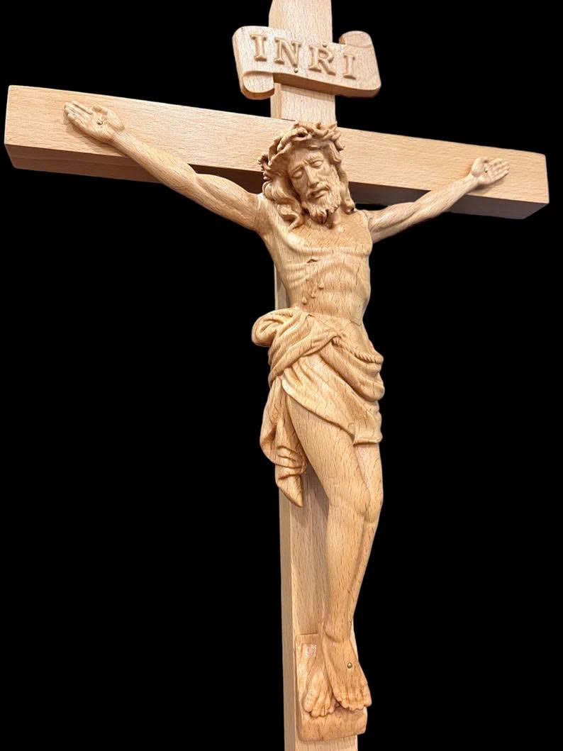 Christ Crucifixion Wood Carving | Wooden Crucifix for Altar & Prayer