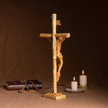 Hand-Carved Crucifix of Jesus Christ – Wooden Catholic Altar Cross