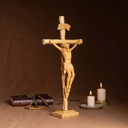 Hand-Carved Crucifix of Jesus Christ – Wooden Catholic Altar Cross