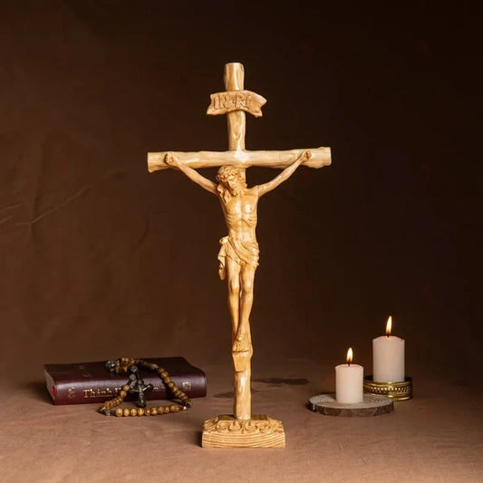 Hand-Carved Crucifix of Jesus Christ – Wooden Catholic Altar Cross