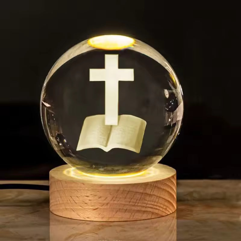 Jesus Cross 3D LED Crystal Ball Night Light | Praying Hands Gifts For Christian