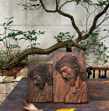 Handcrafted wooden carved wall plaque Jesus wearing the crown of Thorns