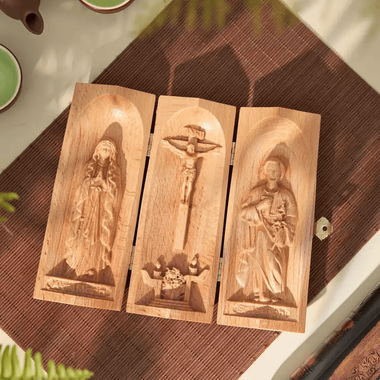 Catholic Triptych of the Crucifixion of Jesus Christ | Virgin Mary | Saint Joseph – Christian Religious Artwork | Sacred Home Décor | Faithful Christian Gift