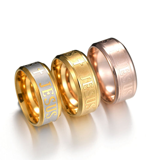 Religious Christian Jesus Cross Ring Stainless Steel, Jesus Cross Letter Bible Wedding Band Ring Men