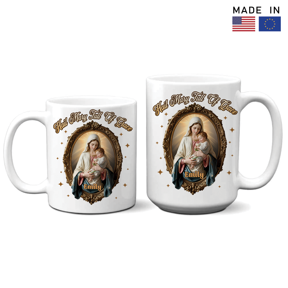 Hail Mary Personalized Mug | Custom Catholic Gift with Virgin Mary & Child