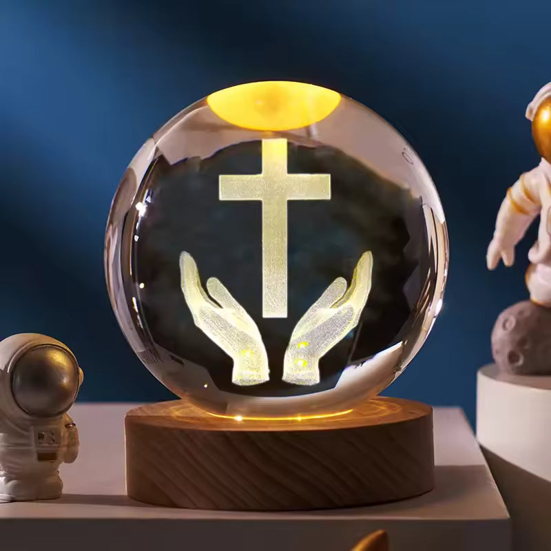 Jesus Cross 3D LED Crystal Ball Night Light | Praying Hands Gifts For Christian