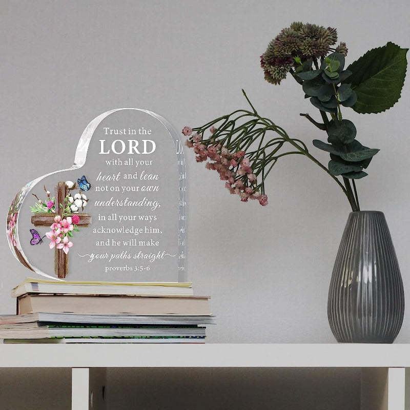 Heart-Shaped Acrylic Decor with Bible Verse – Christian Desk Ornament