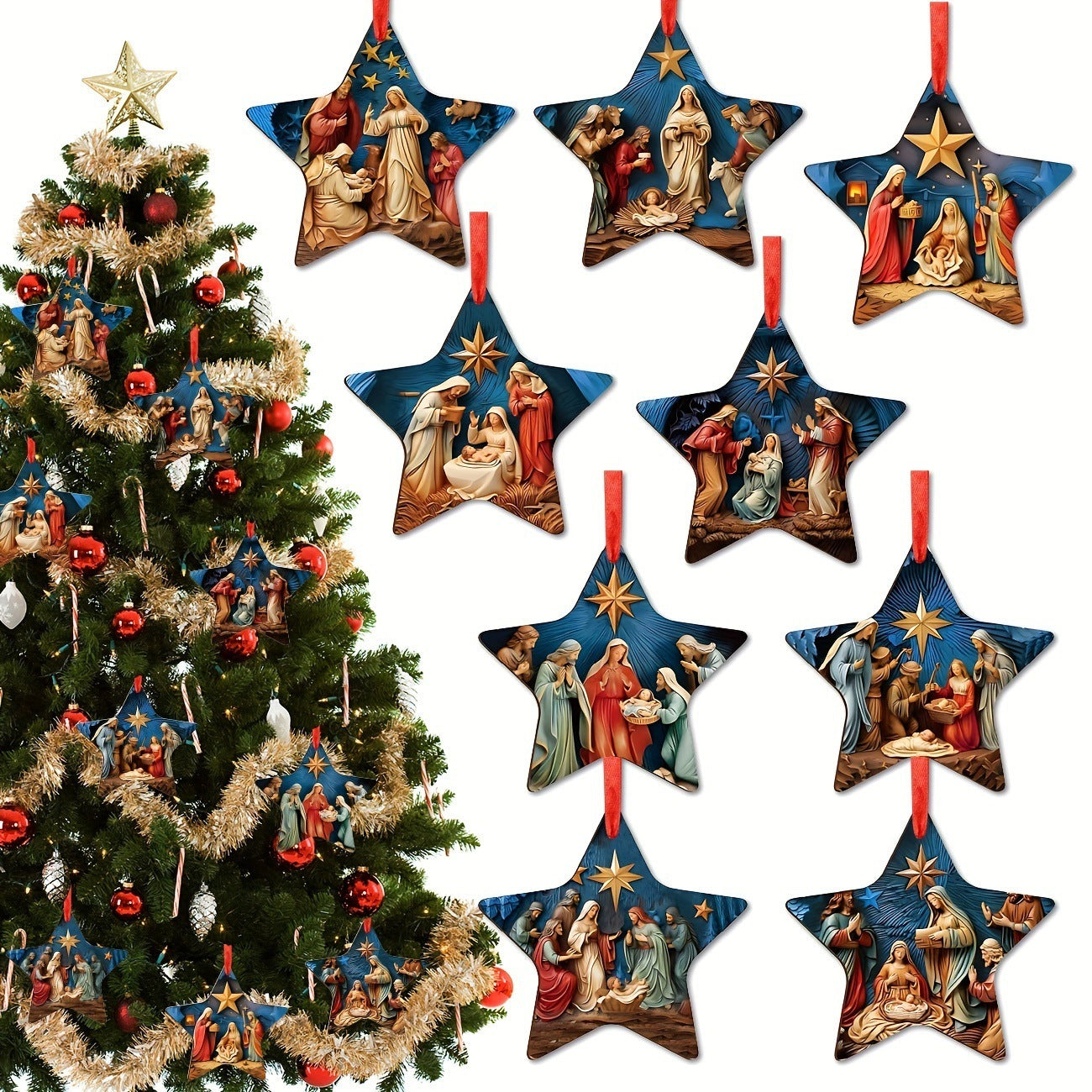 Wooden Jesus Star Christmas Ornaments, Handmade Set