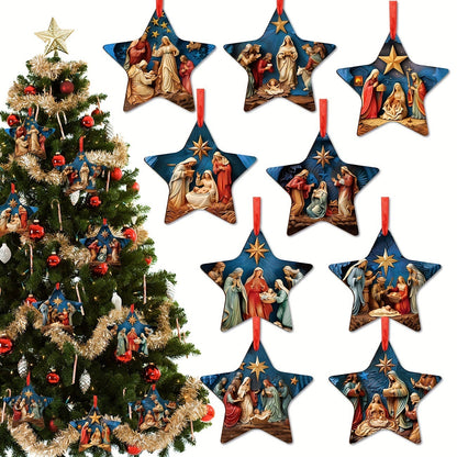 Wooden Jesus Star Christmas Ornaments, Handmade Set