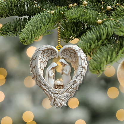 Holy Family Angel Wings Christmas Ornament - A Sacred Moment Captured in Beauty