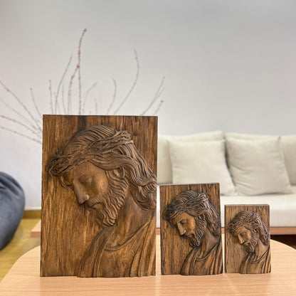 Handcrafted wooden carved wall plaque Jesus wearing the crown of Thorns