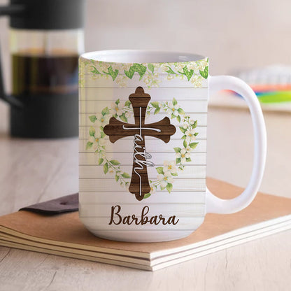 Faith Cross Personalized Mug | Floral Christian Gift with Custom Name