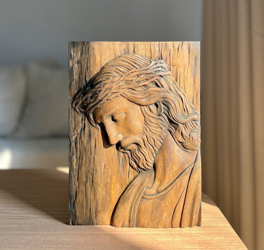 Handcrafted wooden carved wall plaque Jesus wearing the crown of Thorns