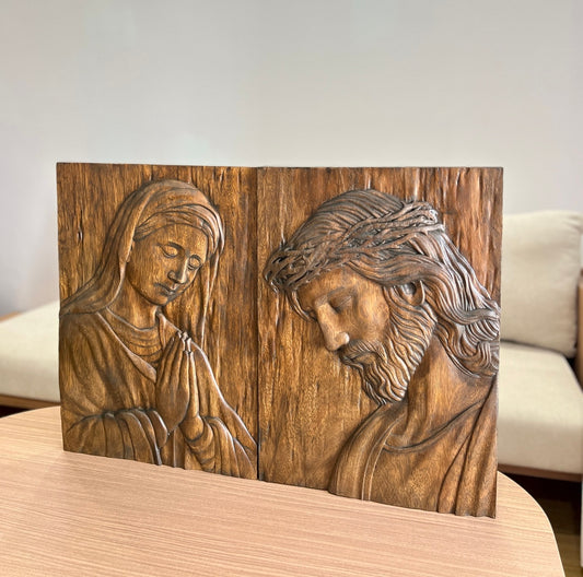 Hand-Carved Wood Jesus Christ, Virgin Mary , Crown of Thorns Relief Sculpture