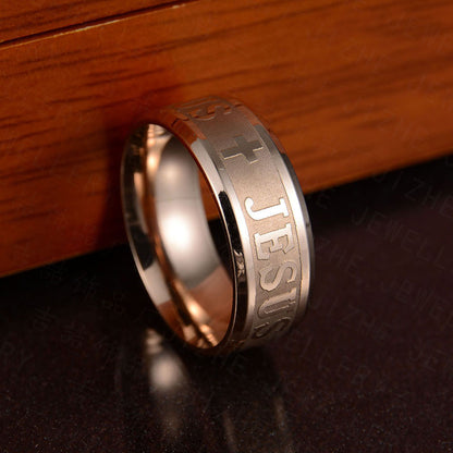 Religious Christian Jesus Cross Ring Stainless Steel, Jesus Cross Letter Bible Wedding Band Ring Men