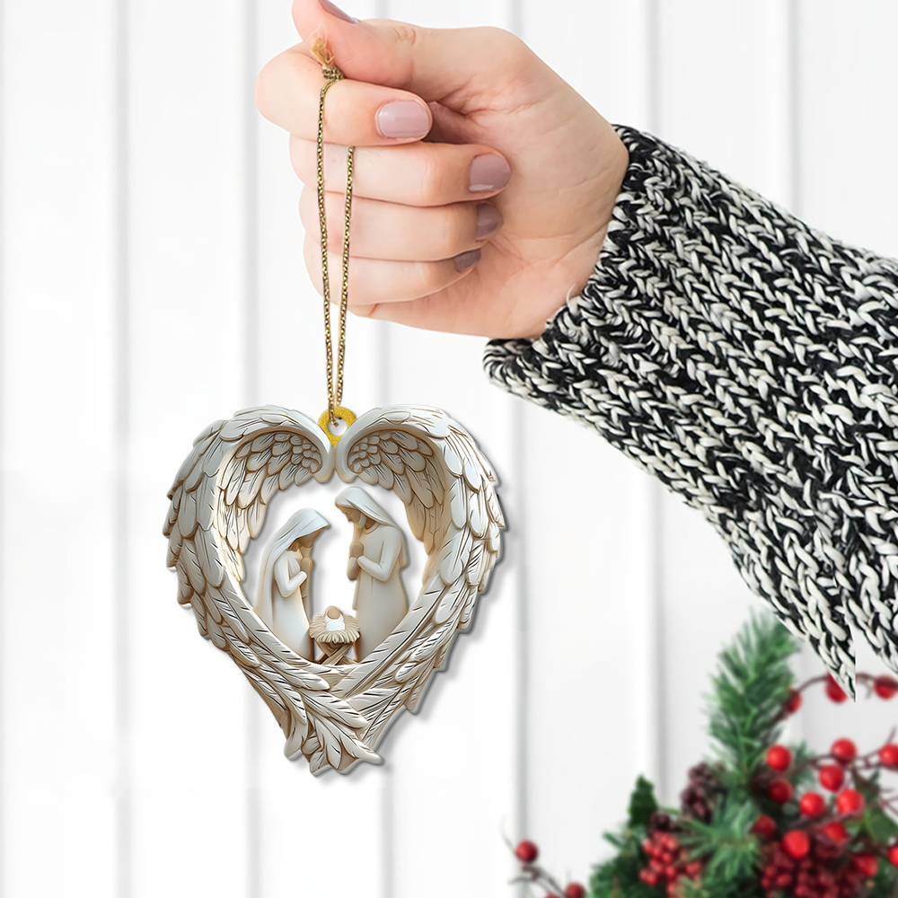 Holy Family Angel Wings Christmas Ornament - A Sacred Moment Captured in Beauty