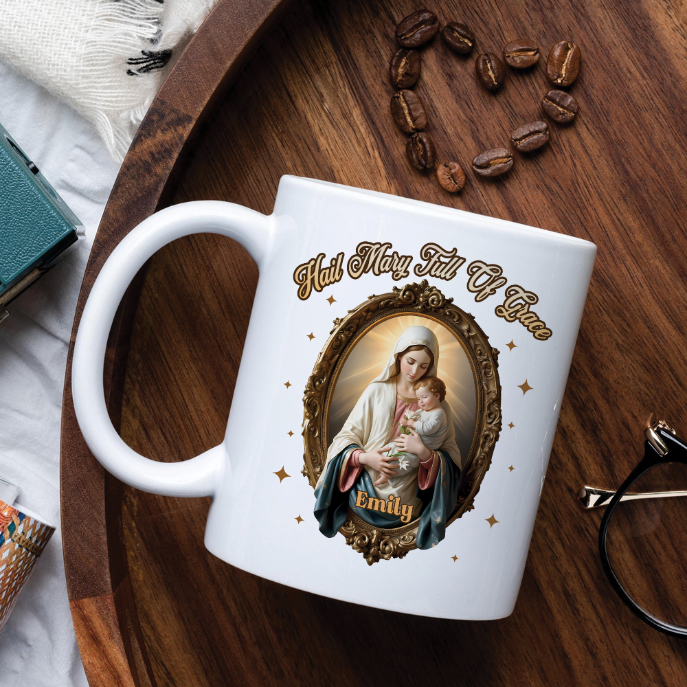 Hail Mary Personalized Mug | Custom Catholic Gift with Virgin Mary & Child