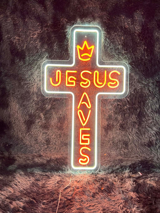Personalized Jesus Saves Cross Neon Sign, Custom Christian Led Wall Art Decor