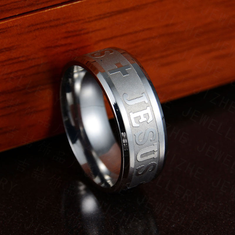 Religious Christian Jesus Cross Ring Stainless Steel, Jesus Cross Letter Bible Wedding Band Ring Men