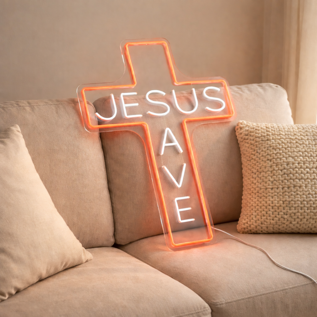 Personalized Jesus Saves Cross Neon Sign, Custom Christian Led Wall Art Decor