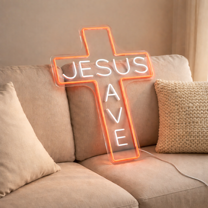 Personalized Jesus Saves Cross Neon Sign, Custom Christian Led Wall Art Decor