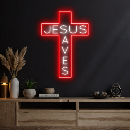 Personalized Jesus Saves Cross Neon Sign, Custom Christian Led Wall Art Decor