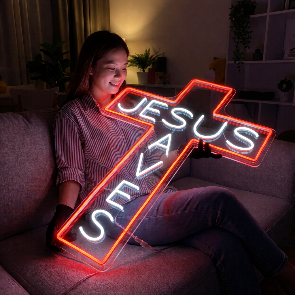 Personalized Jesus Saves Cross Neon Sign, Custom Christian Led Wall Art Decor
