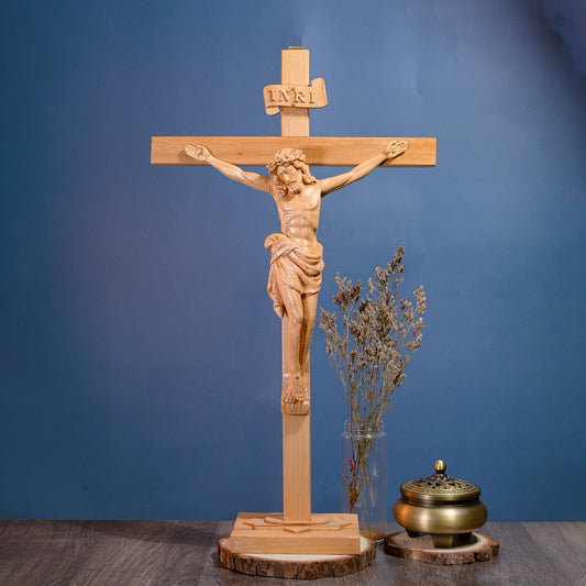 Christ Crucifixion Wood Carving | Wooden Crucifix for Altar & Prayer