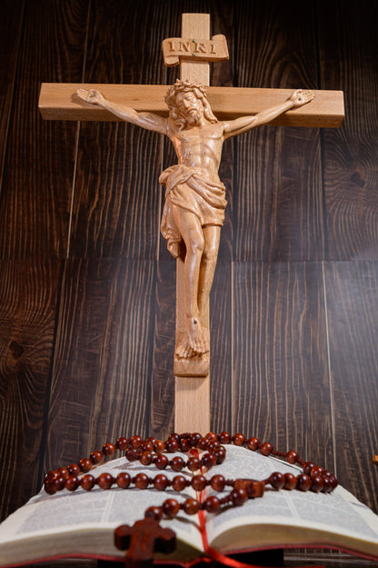 Christ Crucifixion Wood Carving | Wooden Crucifix for Altar & Prayer