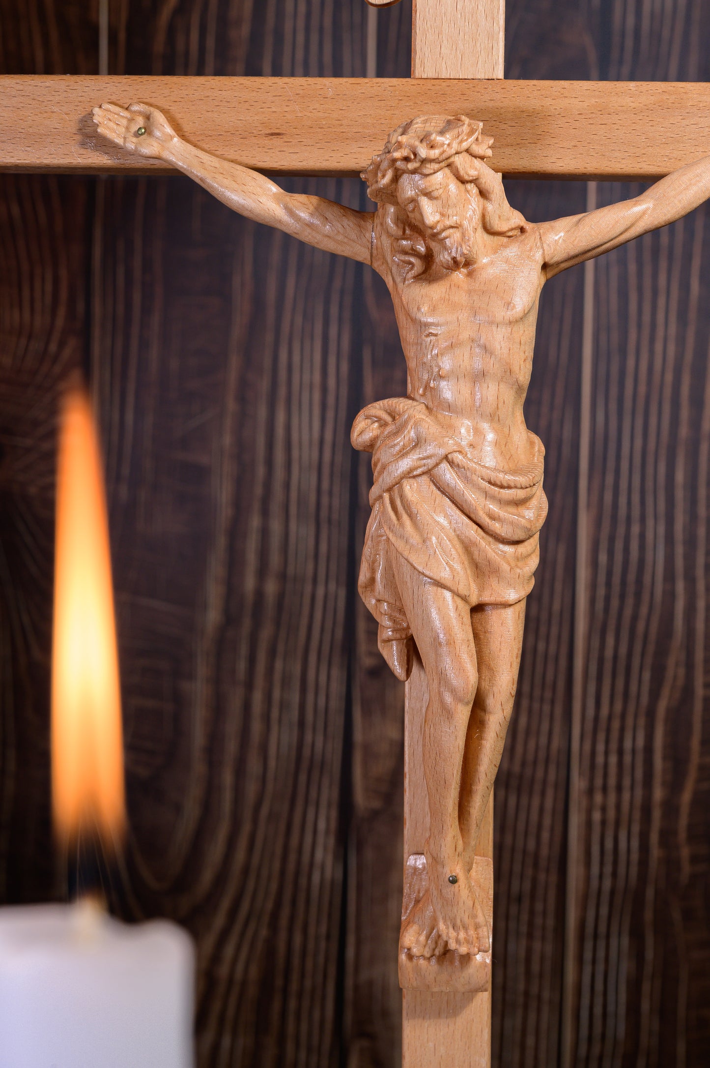 Christ Crucifixion Wood Carving | Wooden Crucifix for Altar & Prayer