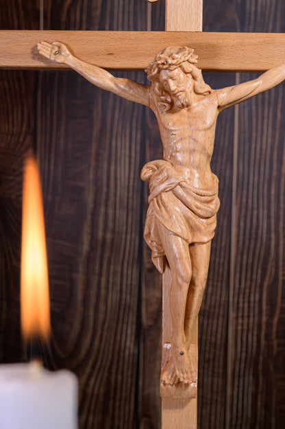 Christ Crucifixion Wood Carving | Wooden Crucifix for Altar & Prayer