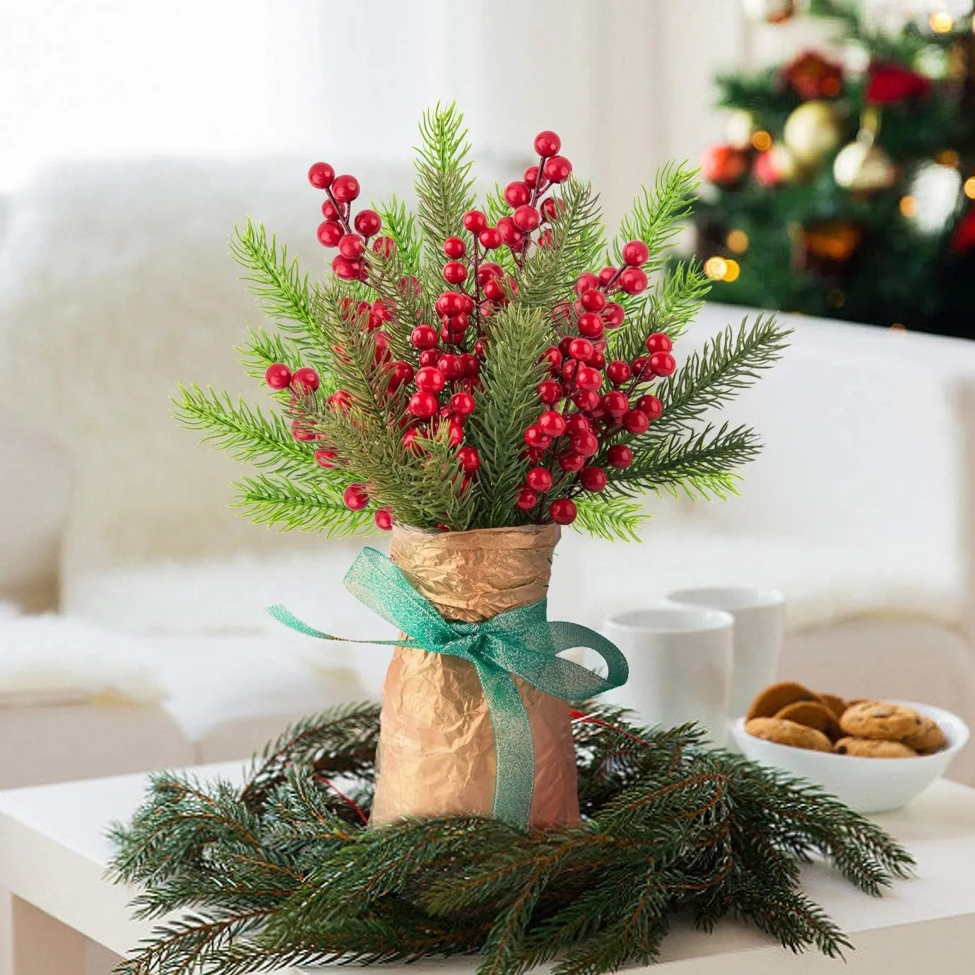 Evergreen Pine Branch with Red Berries Christmas Decoration