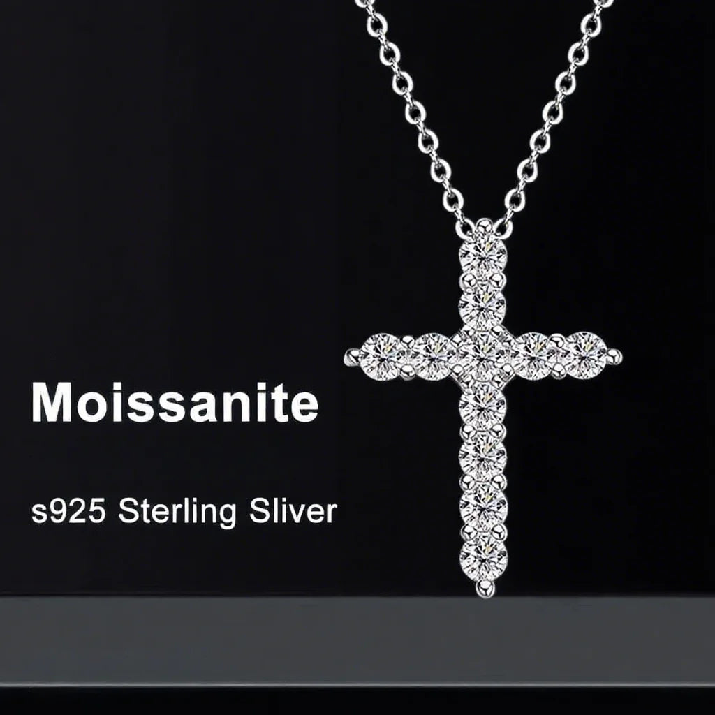 Moissanite Cross Necklace in 925 Sterling Silver