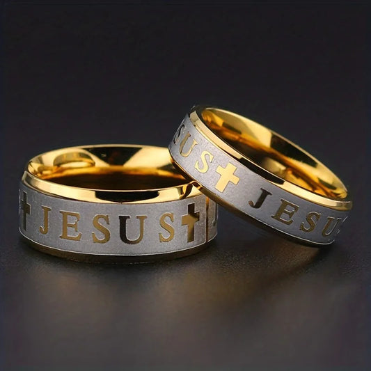 Religious Christian Jesus Cross Ring, Jesus Cross Letter Band Ring
