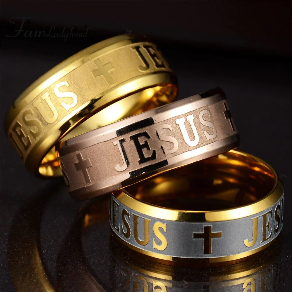 Religious Christian Jesus Cross Ring Stainless Steel, Jesus Cross Letter Bible Wedding Band Ring Men
