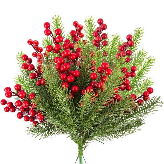 Evergreen Pine Branch with Red Berries Christmas Decoration
