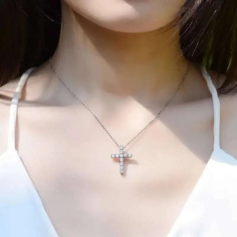Moissanite Cross Necklace in 925 Sterling Silver