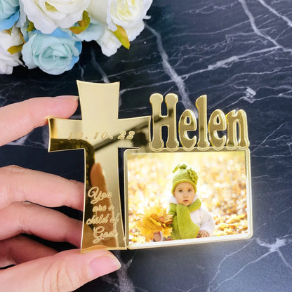 Baby Cross Photo Frame with Custom Name – A Heartfelt Christian Birthday Gif