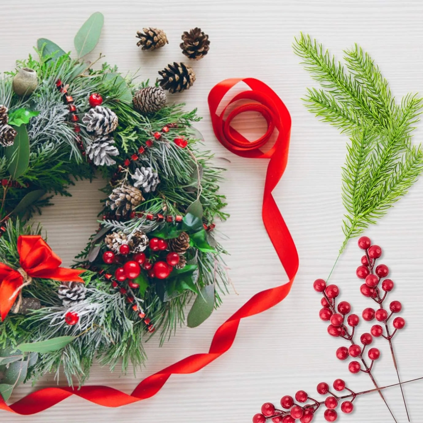 Evergreen Pine Branch with Red Berries Christmas Decoration